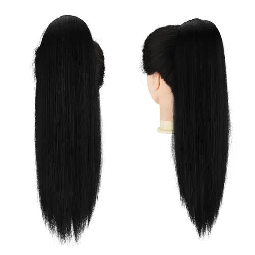 Vista 3 de FESHFEN Extensiones de cola de caballo rectas, cola de caballo larga con cordón, cola de caballo sintética natural, extensiones de clip para mujer