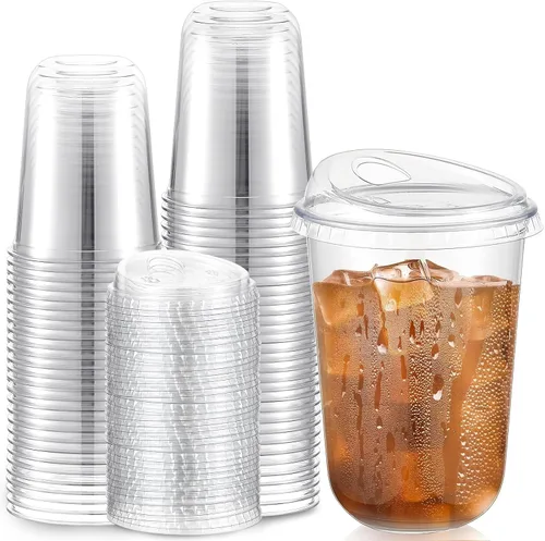 Vista 8 de Baderke 100 vasos de plástico con tapas para sorber, fondo redondo, vasos de café de plástico desechables con tapas, tazas de cristal transparentes