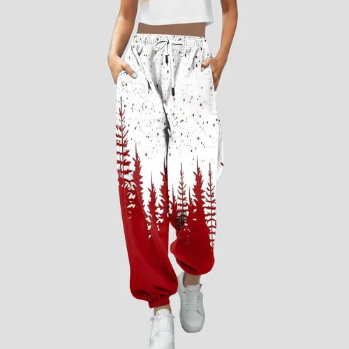 Vista 2 de Pantalones deportivos estampados de Navidad para mujer, pantalones de invierno con cordón, pantalones deportivos de viaje para entrenamiento, yoga