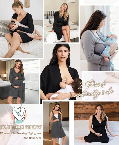 Vista 6 de SWOMOG Conjunto de bata y bata de maternidad para mujer, 3 en 1, camisón de lactancia para lactancia materna y hospital, bata de baño