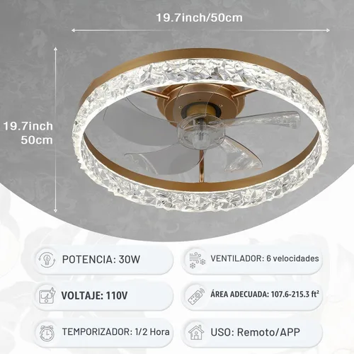 Vista 8 de FRIXCHUR Ventilador de techo de cristal dorado con luz y control remoto, lámpara de araña de 20 pulgadas 1-dorado