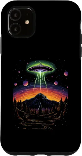 Vista 5 de iPhone 14 colorido OVNI Bright Mountain Lake Camping Alien Visitors Case