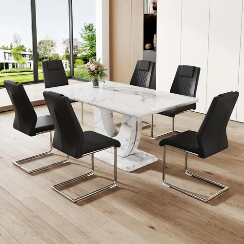 Vista 24 de Moderno juego de mesa de comedor de mármol sintético para 4, mesa de cocina rectangular blanca de 63 pulgadas con elegante base de pedestal