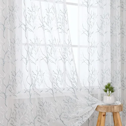 Vista 20 de VISIONTEX 2 paneles de cortinas traslúcidas de 63 in de largo, cortinas de gasa semitransparentes bordadas con hojas florales beige, bolsillo