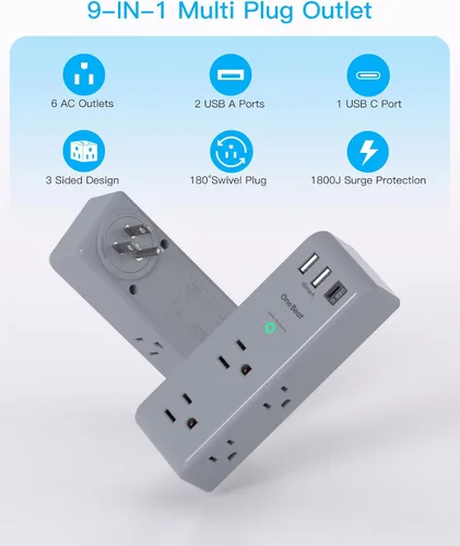 Vista 8 de Extensor de salida protector de sobretensiones, con enchufe giratorio, 6 tomas de corriente alterna con 3 puertos USB (1 USB C), 1800 julios