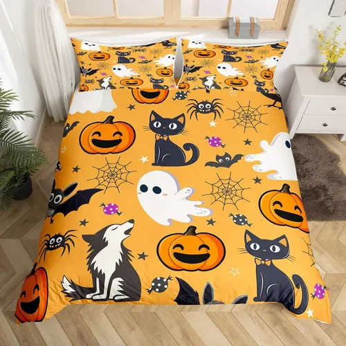 Vista 19 de Juego de ropa de cama de Halloween, funda de edredón gótica de murciélagos negros con telarañas, funda de edredón individual, diseño de arañas