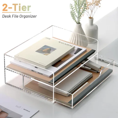 Vista 5 de SANRUI Organizador de Bandeja de Cartas de 2 Niveles con Cajón Deslizante, Organizador de Escritorio Apilable, Bandeja de Papel de Acrílico