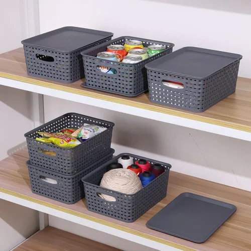 Vista 5 de Paquete de 6 cestas pequeñas de plástico, cesta de almacenamiento tejida con tapa, apilable, color gris