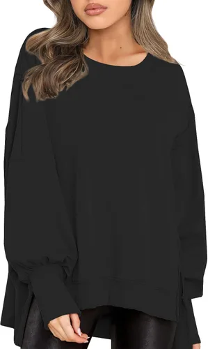Vista 2 de ReachMe Sudaderas de cuello redondo de gran tamaño para mujer, casuales, de manga larga, con aberturas laterales