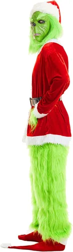 Vista 3 de Disfraz de monstruo verde de Navidad, 7 piezas, traje de Papá Noel para adultos, traje de lujo peludo para adultos, traje de Papá Noel verde