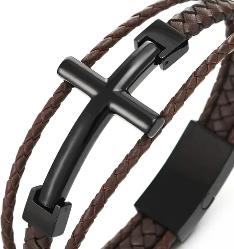 Vista 3 de COOLSTEELANDBEYOND Men Stainless Steel Horizontal Sideway Lateral Cross Three-Row Braided Leather Bangle Bracelet