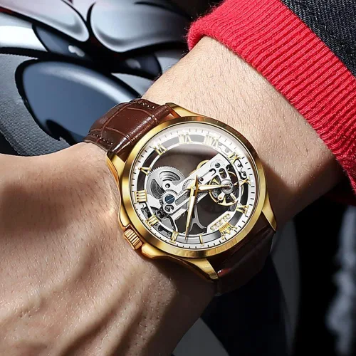 Vista 22 de OLEVS Relojes de esqueleto para hombre, automático, mecánico, de lujo, de cuero, impermeable, luminoso, reloj de pulsera para hombre