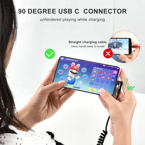 Vista 3 de aceyoon Cable USB tipo C en espiral de 90 grados, cable de carga rápida QC 3.0 para iPhone 15/15 Pro/15 Pro Max/15 Plus, Samsung Galaxy S20, cable
