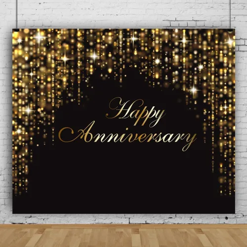 Vista 3 de Telón de fondo de feliz aniversario de 10 x 8 pies con purpurina negra y dorada para aniversario, letrero de aniversario para mujeres y hombres