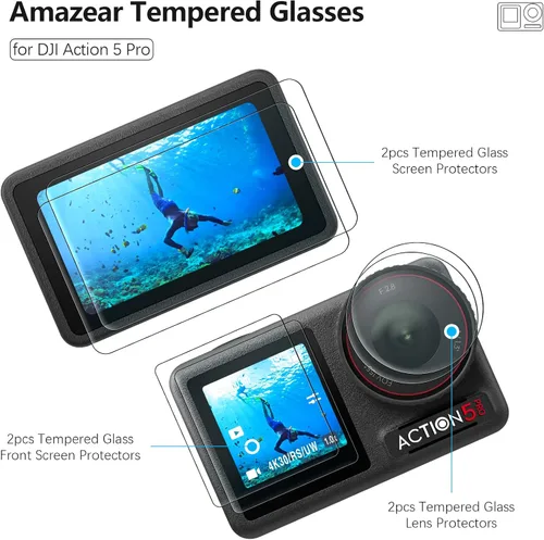 Vista 2 de AMAZEAR Action5 Pro - Protector de pantalla de lente para DJI Osmo Action 5 Pro (2 juegos), protector de vidrio templado, pantalla OLED, Ultra HD