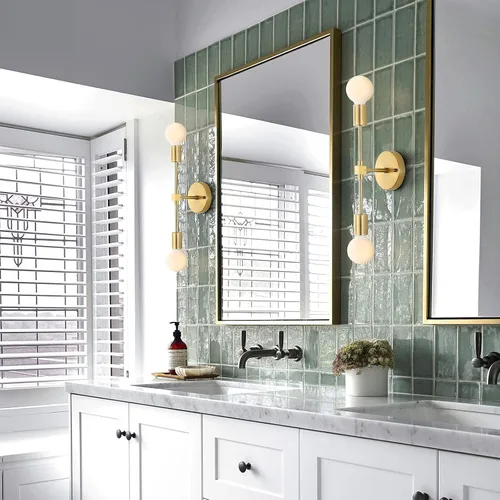 Vista 8 de Aplique de pared de latón cepillado, 2 luces, tocador de baño, lámpara de pared industrial moderna para montaje en pared, accesorio de iluminación