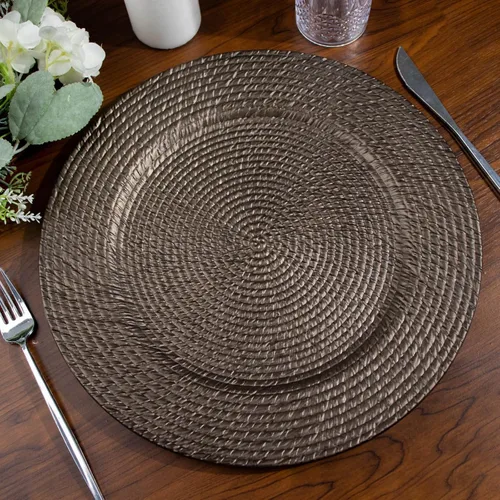 Vista 7 de Tableclothsfactory Paquete de 6 platos de carga de plástico acrílico marrón natural de 13 pulgadas tipo ratán, platos redondos desechables