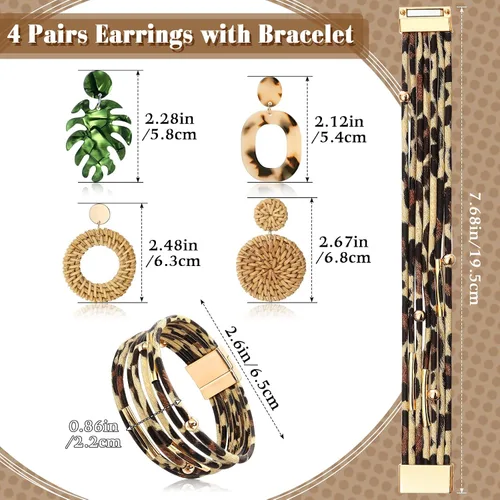 Vista 3 de Hicarer Beach Purse Earrings Set Straw Bag Vacation Purse with 4 Rattan Boho Tropical Earrings Leopard Bracelet