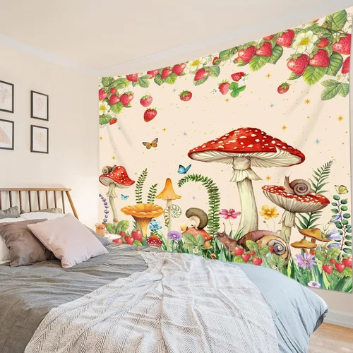 Vista 4 de HVEST Tapiz retro rojo de hongos para colgar en la pared, diseño floral rosa con fresa y mariposa en beige, tapiz para dormitorio, flores, plantas