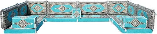 Vista 153 de arabicsofa Sofá en forma de U de estilo árabe para el suelo – Juego de Majlis hecho a mano – Sofá de estilo bohemio