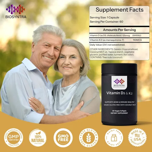 Vista 8 de Vitamina D3+K2 con aceite de coco, vitamina D vegana de 5,000 UI y MK7 Vitamina K 110mcg para apoyo óseo, corazón e inmunológico, sin OMG, probado