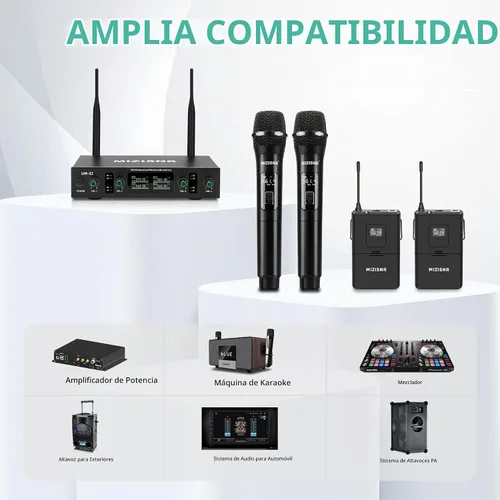 Vista 6 de Sistema de micrófono inalámbrico de solapa con auriculares y micrófonos de solapa, receptor de metal UHF de 4 canales con 2 micrófonos de mano y 2