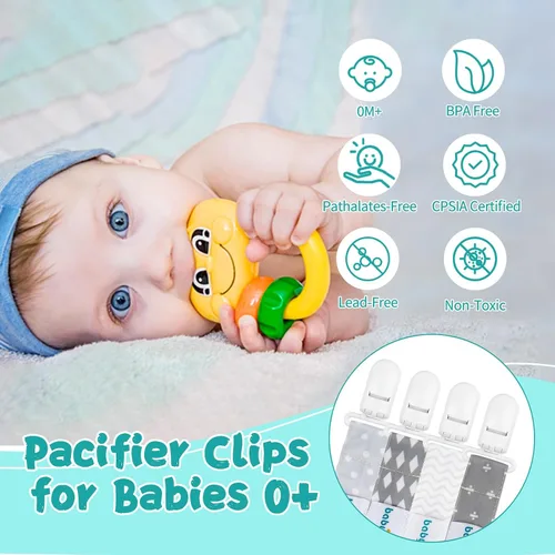 Vista 2 de Babygoal Clips neutros para chupete, paquete de 4 unidades con asa para chupetes y baberos, se adapta a la mayoría de chupones y baberos 4PS07-B