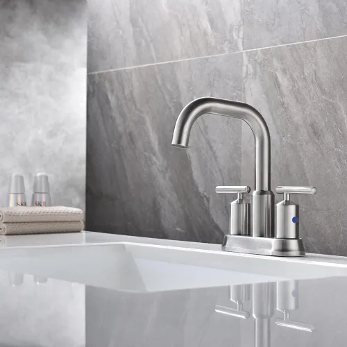 Vista 3 de Grifo de baño de níquel cepillado de 4 pulgadas y 2 manijas para fregadero de 3 agujeros, grifo de fregadero de baño central con ensamblaje