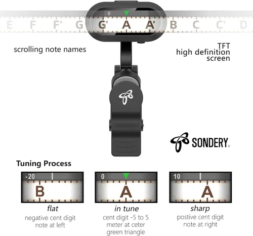 Vista 3 de Sondery afinador de guitarra y ukelele con clip recargable, pantalla TFT simple de fácil lectura, afinación extremadamente rápida y precisa