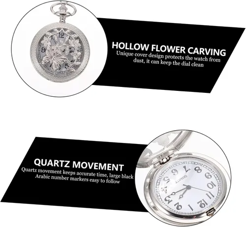 Vista 4 de ERINGOGO Reloj de bolsillo para hombre, 2 piezas, reloj minimalista con colgante de plata para hombre, colgante para hombre, relojes clásicos huecos