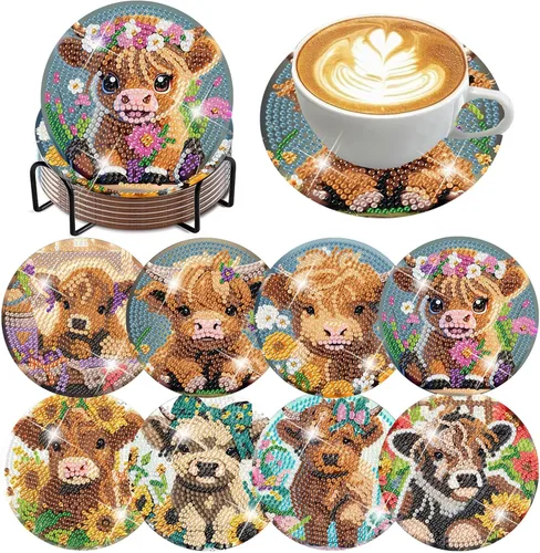 Vista 37 de ijbnhd 8 posavasos de pintura de diamantes de animales, posavasos de arte de diamantes con soporte para principiantes y adultos, suministros