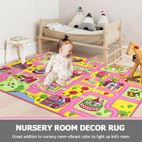 Vista 5 de Capslpad Alfombra para niños para sala de juegos, alfombra de juego rosa para tráfico, carretera, automóvil, alfombra de juego de 5.2 x 3.3 pies