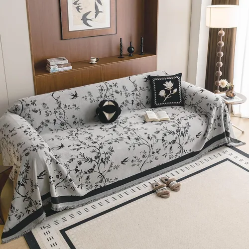 Vista 10 de HANDONTIME Funda para sofá para perros lavable con estampado floral de pájaros para sofás y sillones, funda de sofá negra con flores de jacquard