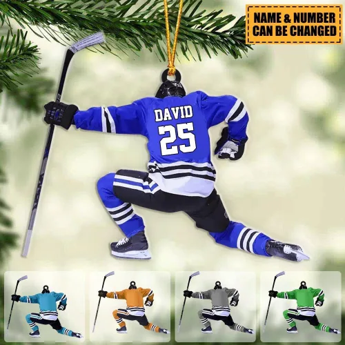 Vista 2 de Adorno de Navidad personalizado de jugador de hockey 2025, decoración colgante de madera acrílica con nombre personalizado para árbol de vacaciones