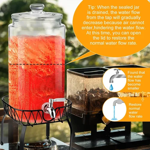 Vista 3 de Honeydak Dispensador de bebidas de vidrio de 3 galones para fiestas, dispensador de bebidas de vidrio con soporte y espita a prueba de fugas