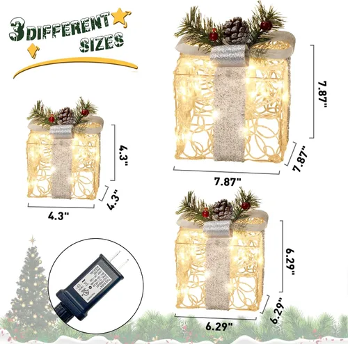 Vista 4 de PEIDUO Cajas de regalo iluminadas de Navidad, juego de 3, decoraciones de regalo al aire libre, paquetes debajo del árbol para interiores, fiestas