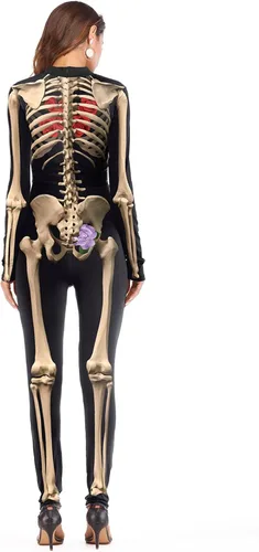 Vista 2 de ALBIZIA Disfraz de esqueleto de calavera para mujer, overol de Halloween para cosplay