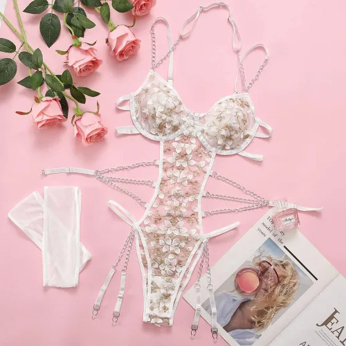 Vista 7 de Conjunto de lencería bordada floral para mujer, con correa de encaje, babydoll con liguero