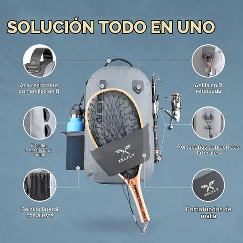 Vista 3 de Xelfly - Mochila de pesca impermeable con soporte para caña, válvula de aire inflable, correas acolchadas para la cintura y bucles para engranajes