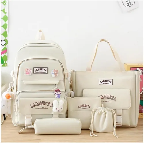 Vista 2 de Linda mochila con accesorios kawaii, juego de 5 bolsas estéticas impermeables, Blanco sucio