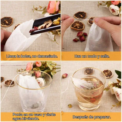 Vista 4 de BetyBedy bolsas desechables para filtrar té, de material seguro y natural, capacidad para 1 taza, set de 100 unidades., Blanco