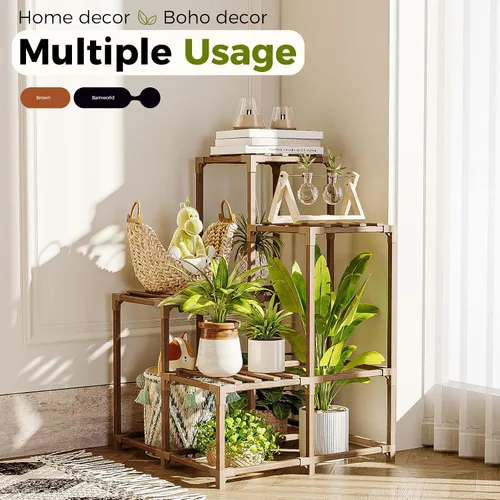 Vista 7 de Bamworld Soporte para plantas para interiores y exteriores, estante de esquina para plantas, soporte para 4 macetas, soporte para flores, estante