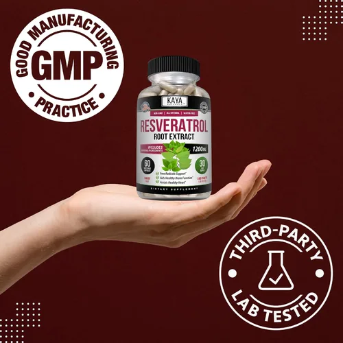 Vista 6 de Kaya Naturals - Cápsulas de resveratrol - Suplemento antienvejecimiento - Antioxidantes con apoyo cerebral - Beneficios máximos - 60 cápsulas