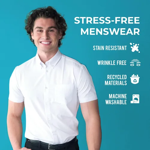 Vista 5 de &COLLAR Men's White Short Sleeve Dress Shirt — Stretch, Wrinkle Free, Stain Guard Slim & Athletic Fit Button Down