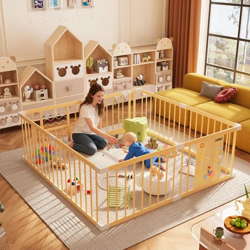 Vista 3 de Xilingol Corralito de madera para bebés con puerta de bloqueo, corralito extragrande para bebés y niños pequeños, centro de actividades