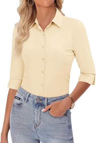 Vista 12 de siliteelon Camisas con botones para mujer, manga 3/4, elástica, ajustada, sin arrugas, cuello para negocios, trabajo, tops