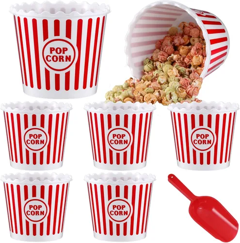 Vista 9 de Roshtia 6 recipientes de plástico para palomitas de maíz, cubos reutilizables, cajas de palomitas de maíz de 75 onzas, cuenco con cuchara