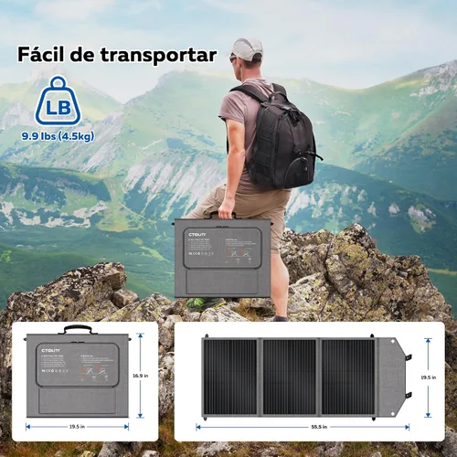 Vista 5 de Panel solar plegable portátil de 100 W, alta eficiencia, 23% con salidas USB-A/C y CC, IP68 impermeable y resistente al polvo diseño para camping