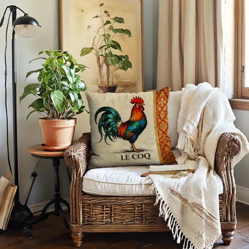 Vista 6 de Funda de almohada de gallo de granja de 18 x 18 pulgadas, fundas de almohada vintage de gallo francés con borde de damasco, fundas de almohada