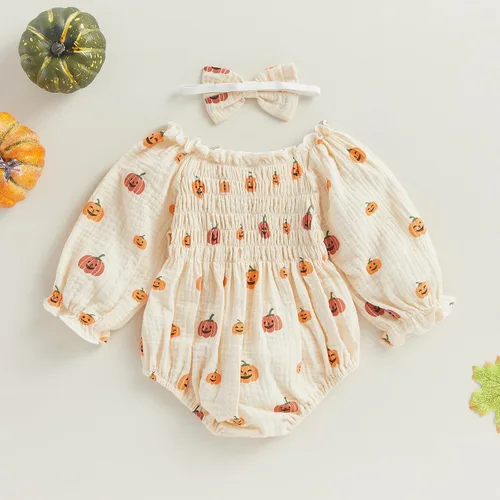 Vista 3 de Traje de Halloween para bebé recién nacida, disfraz de calabaza de manga larga de algodón y lino, enterizo con diadema